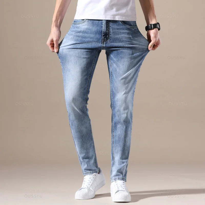 OUSSYU Brand Clothing Jeans Men High Quality Stretch Light Blue Denim Fashion Pleated Retro Pocket Skinny Trousers Pants 28-40