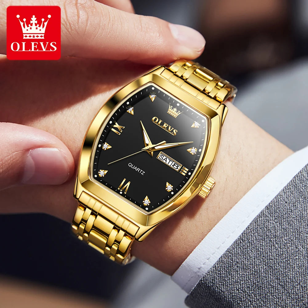 OLEVS Herrenuhren Luxus Tonneau Original Top-Marke Quarzuhr für Männer Wasserdicht Leuchtende Wochendatum Männliche Armbanduhr