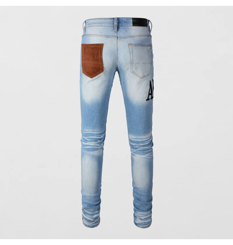 Designer fashion new men's retro light blue jeans stretch slim fit perforated flower patch splicing jeans high street hip-hop br