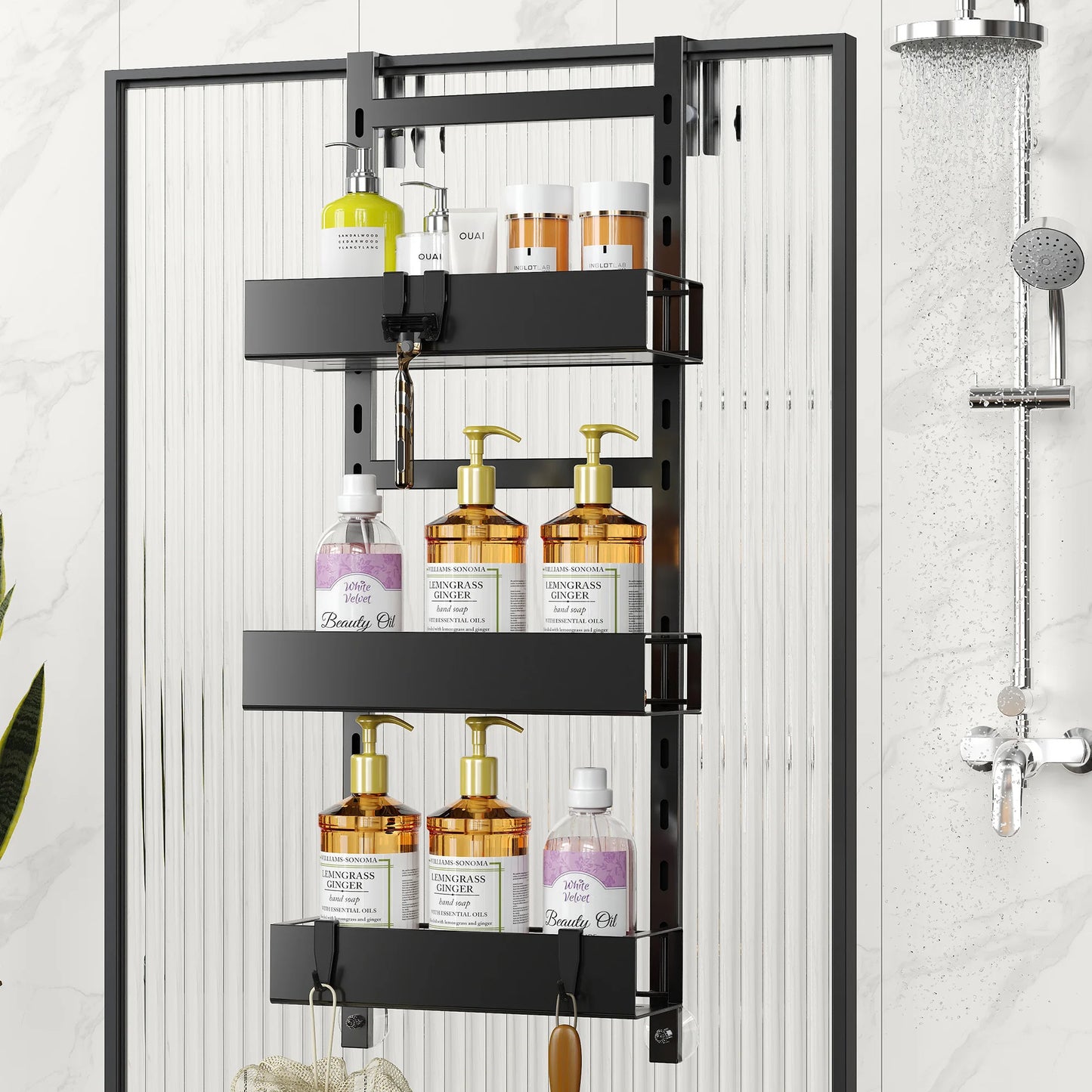 Over Door Hanging Triple Metal Black Shelves Bathroom Storage Rack Without Drilling Shampoo Organizer Shower Basket with Hooks