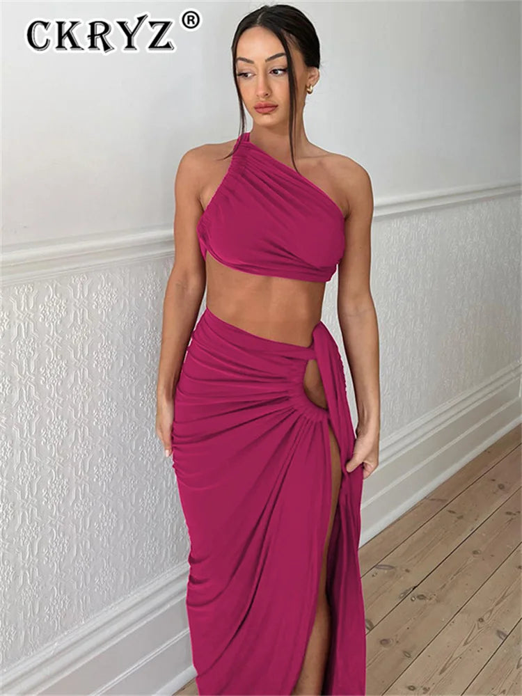 Ladies Spring 2 Pieces Sleeveless Backless Strap Spit Crop Top Side Slit Slim Fit Maxi Skirt Set Women Evening Party Clubwear