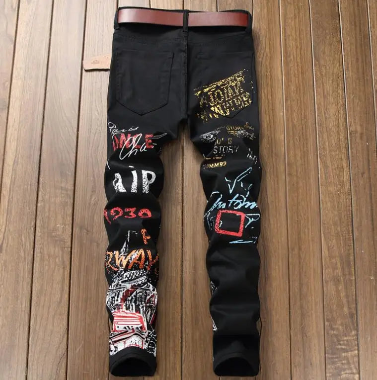 High Street Fashion Mens Jeans Night Club Black White Color Personal Designer Printed Jeans Men Punk Pants Skinny Hip Hop Jeans