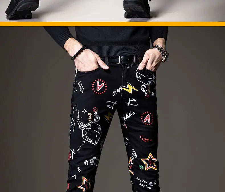 Luxury Mens Denim Pants Hip Hop Graffiti Print Jeans Designer Slim Fit Trendy Black Jeans Stretch Cowboy Cotton Trousers for Men