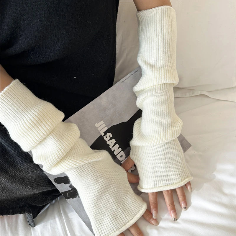 Women Knitted Arm Warmer Long Fingerless Gloves Mitten Winter Y2K Solid Arm Sleeve Fashion Casual Soft Girls Clothes Punk Gloves