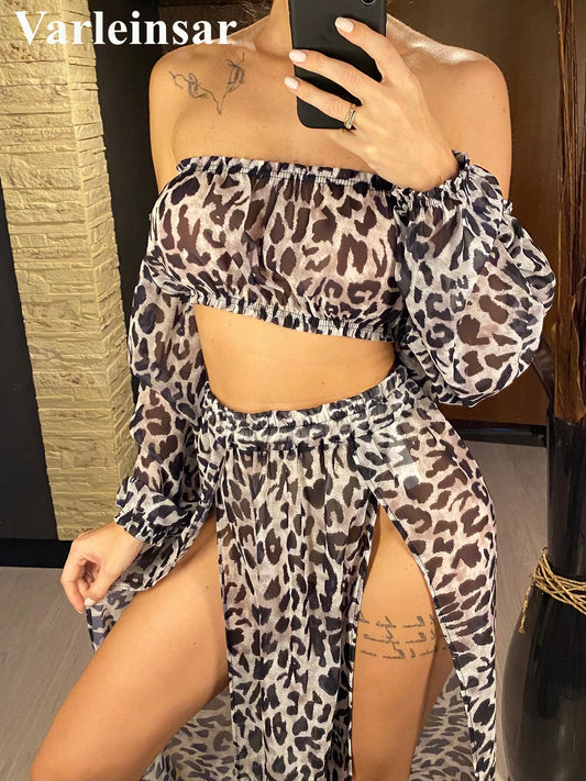 Leopard Off Shoulder Long Sleeve 2 Pieces Set Beach Cover Up Cover-ups Beach Dress Beach Wear Beachwear Female Women V3728SW