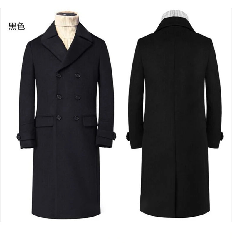 Mauroicardi Autumn Winter Long Warm Smart Casual Navy Blue Black Woolen Coat Men Double Breasted Luxury Wool Blends Overcoat