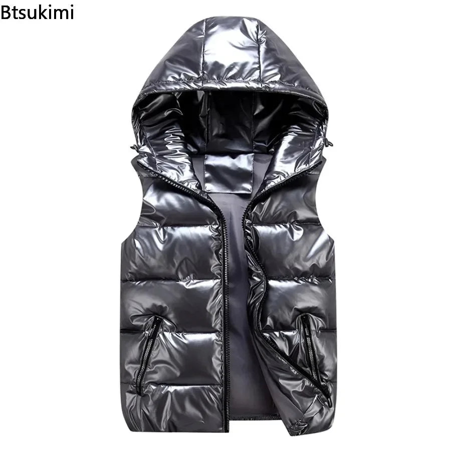 New Men's Hooded Vest Coats Fashion Glossy Waterproof Design Couple Down Cotton Lightweight Casual Waistcoat Male Parkas Vests