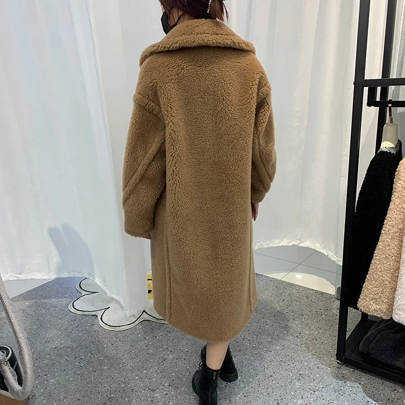 Women's Thick Warm Teddy Coats, Real Wool Long Coats, Lady Luxury Outerwear, Natural Fur, S7480A, Winter, 2022