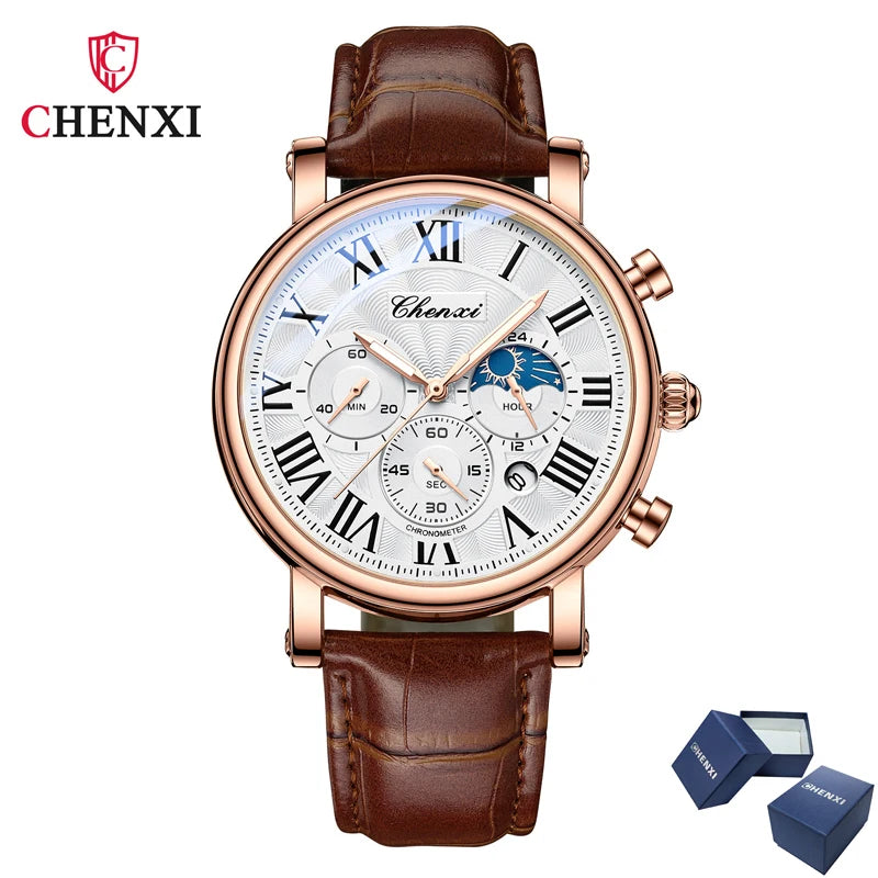 CHENXI 973 Multi-function Business Moon Phase Date Waterproof Rome Analog Imported Men Wristwatch Dial Quartz Leather Watches