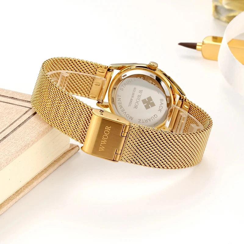 WWOOR Luxury Brand Dress Gold Watch Ladies Elegant Diamond Small Quartz Wrist Watches For Women Steel Mesh Clock zegarek damski