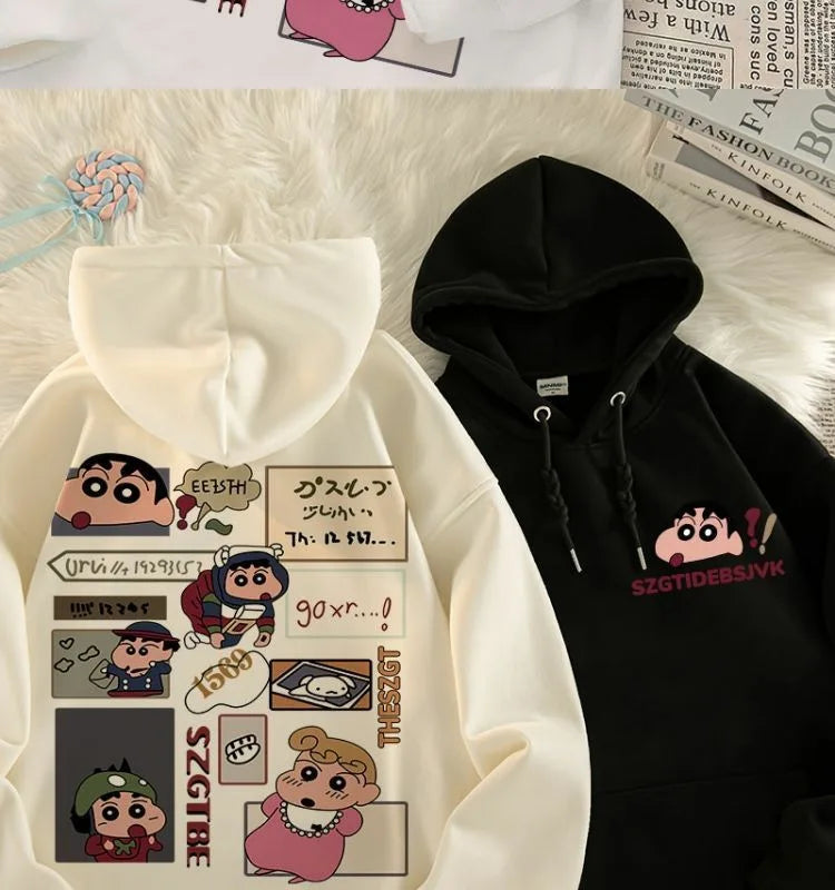 Anime Cartoon Crayon Shin chan Hoodie Couple Style Fashionable Casual Cute Plush Hoodie Autumn/Winter New Loose Shoulder Top