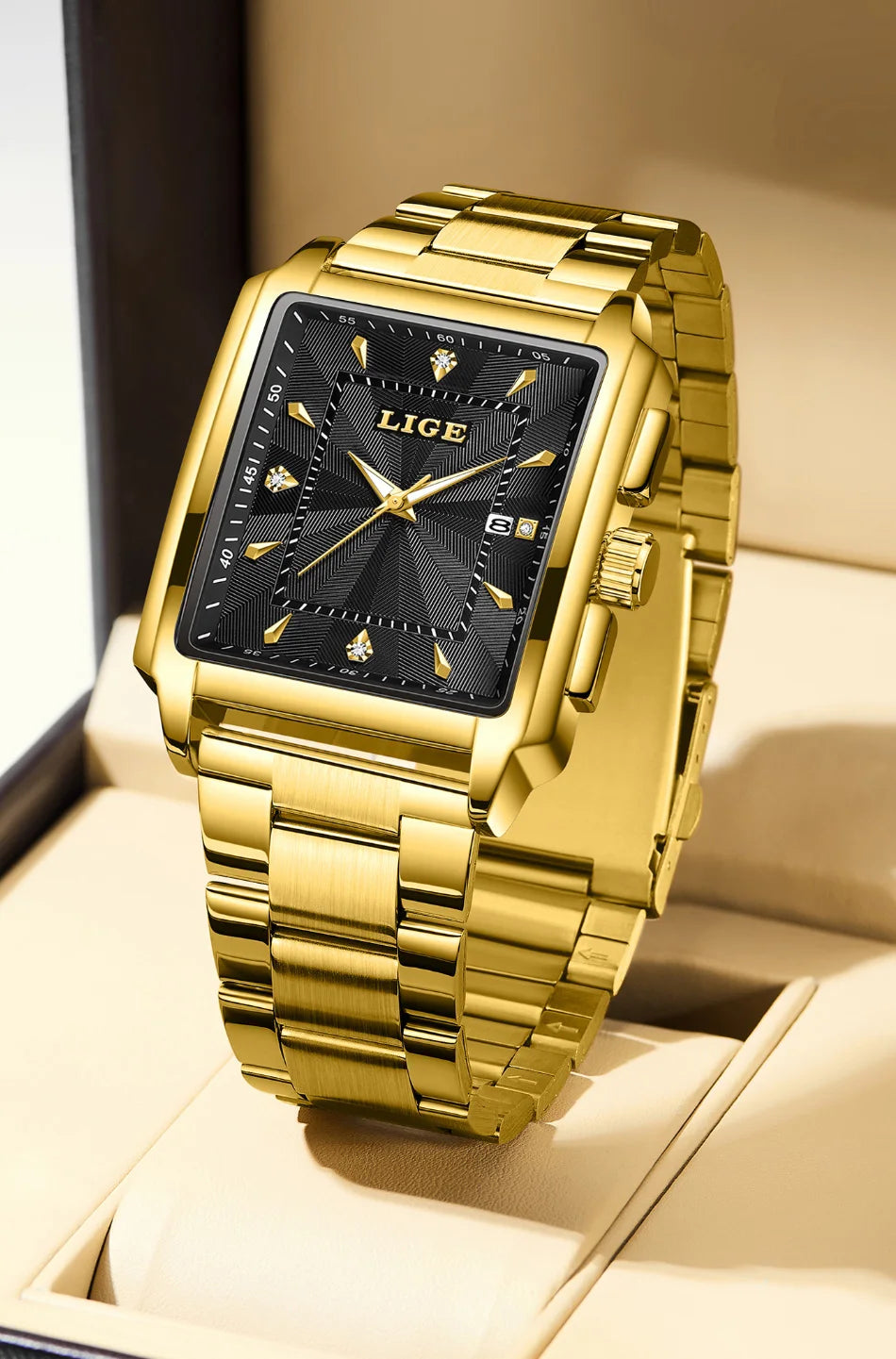 LIGE Watch Man Square Fashion Men Watches Top Brand Luxury Golden Quartz Stainless Steel Waterproof Wristwatch Relogio Masculino