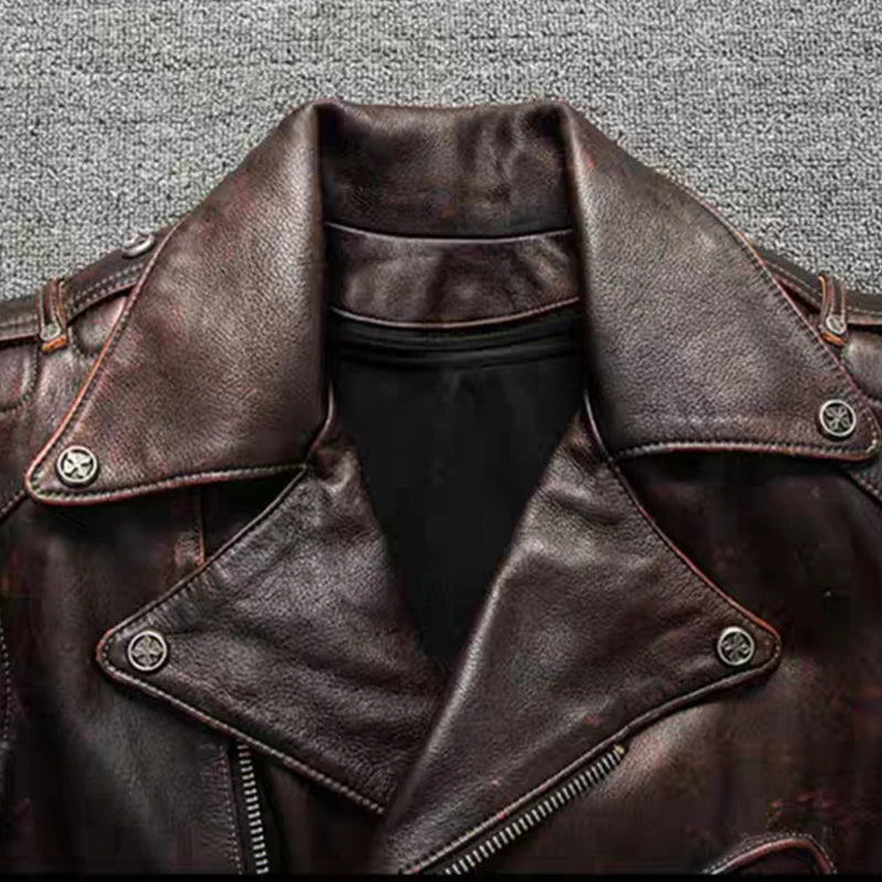 Top Layer Cowhide Leather Jacket Retro Brown Calfskin Motorcycle Suit Men's Slim Heavy Industry Leather Motorcycle Riding Jacket