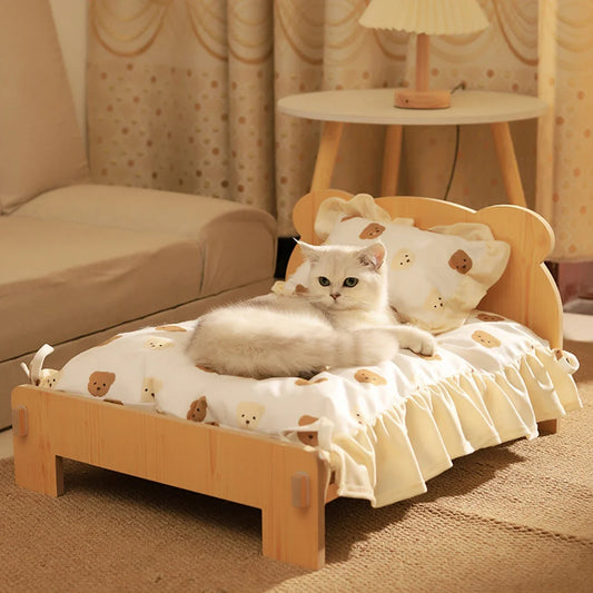 Wood Cat Bed Sofa Dog Bed With Teddy Bear Pattern Indoor Pet Furniture Floor To Ceiling Bed(20*11inch)Comfortable Durable