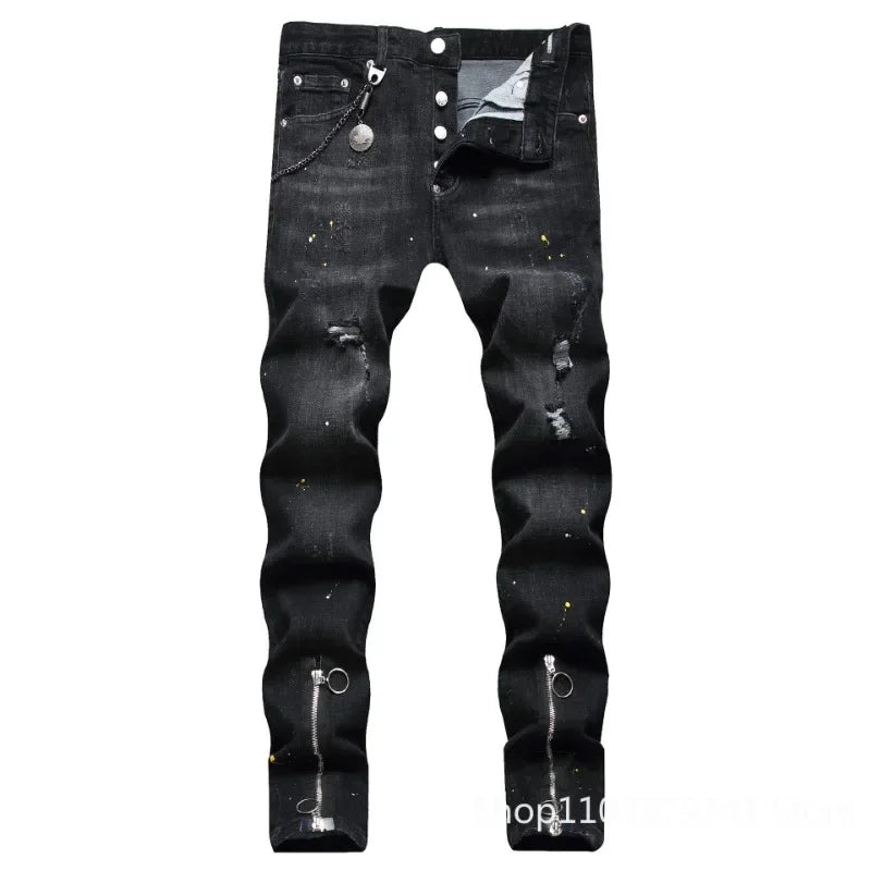 Men Black Ripped Denim Jeans Holes Jeans Italian High Street Style Denim Pants High Quality Male Slim Fit Denim Trousers Size 38