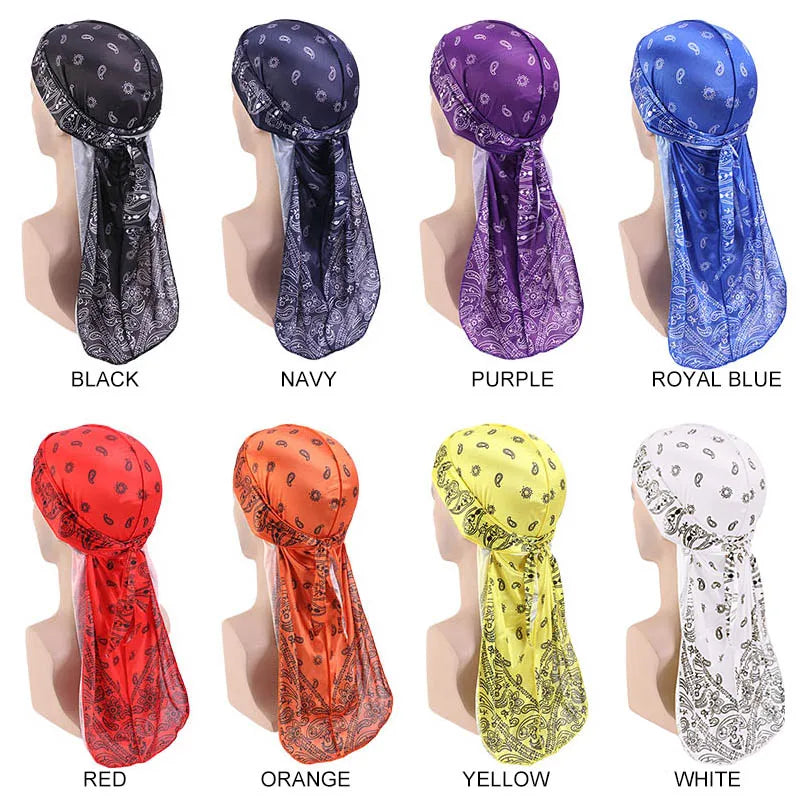 New Men's Silky Durags African Print Headwrap for Women Long Tail Pirate Hat Biker Hear Wear Bandanas Turban Hair Accessories