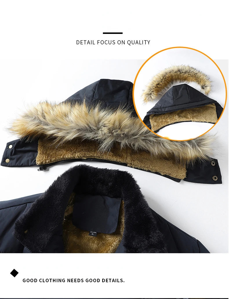 2024 New Men Winter Autumn Work Outwearing Parka Black Fleece Lined Thick Warm Hooded Fur Collar Coat Male Size 5XL Plush Jacket