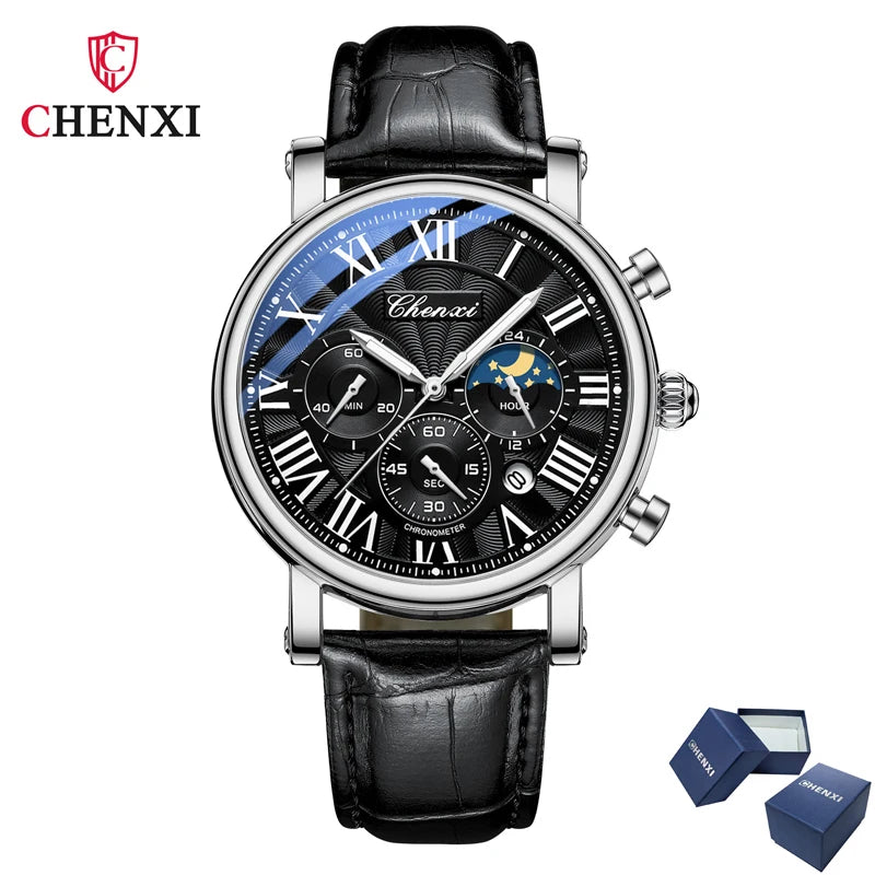 CHENXI 973 Multi-function Business Moon Phase Date Waterproof Rome Analog Imported Men Wristwatch Dial Quartz Leather Watches