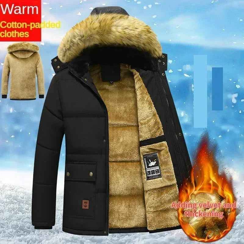 2024 New Men Winter Autumn Work Outwearing Parka Black Fleece Lined Thick Warm Hooded Fur Collar Coat Male Size 5XL Plush Jacket