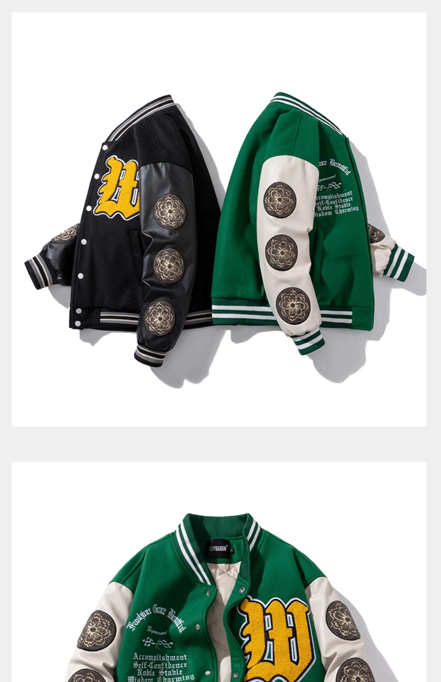 Vintage Varsity Jacket Men Winter Letter Embroidery Baseball Jacket Women Leather Sleeve Fashion Casual Woolen Coat Green Parka