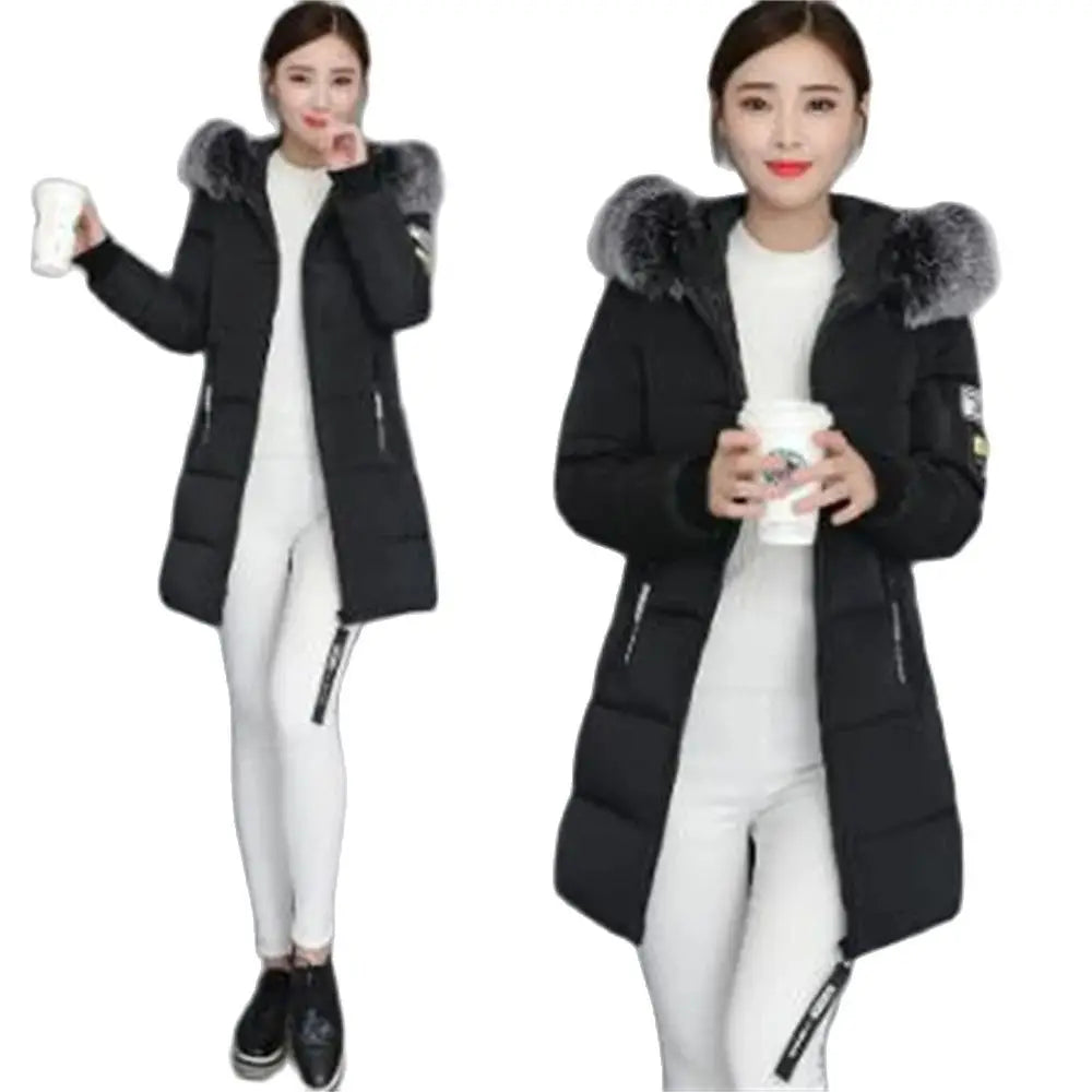 Winterjacke 2024 Koreanische Frauen Parka Große Pelzkragen Mit Kapuze Dicker Warmer Langer Weiblicher Mantel Lässige Outwear Daunenbaumwolljacke Parkas