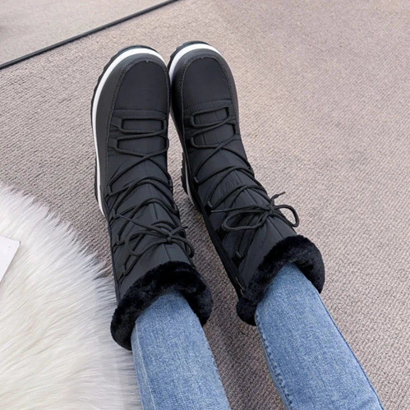 Winter Round Toe Flat Bottom Cross Strap Fashionable Women's Shoes Plus Velvet To Keep Warm New Snow Boots Chaussure Femme