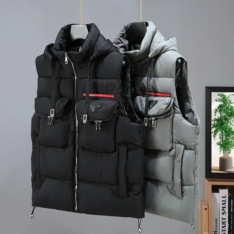 New in Padded Vest Men Winter Hooded Zip-up Turtleneck Sleeveless Jacket Male Cotton Down Autumn Warm Pocket Work Wear Waistcoat