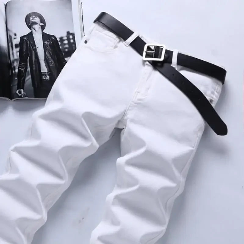 Pure White Jeans Men's Elastic Korean Style Slim Fit Youth Slimming Straight Leg Business Casual Middle Age High End Pants