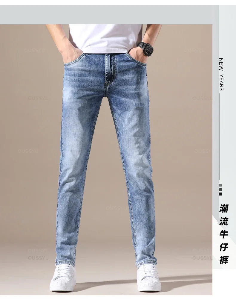 OUSSYU Brand Clothing Jeans Men High Quality Stretch Light Blue Denim Fashion Pleated Retro Pocket Skinny Trousers Pants 28-40