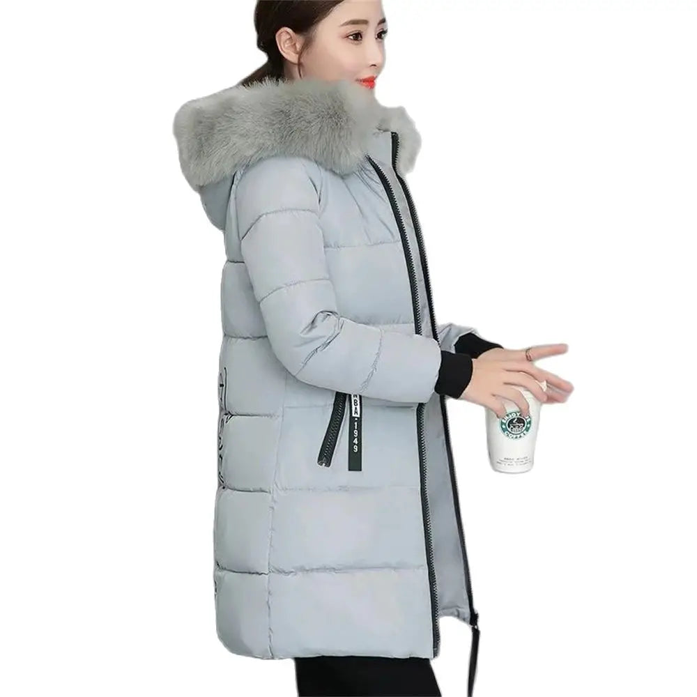 Winterjacke 2024 Koreanische Frauen Parka Große Pelzkragen Mit Kapuze Dicker Warmer Langer Weiblicher Mantel Lässige Outwear Daunenbaumwolljacke Parkas