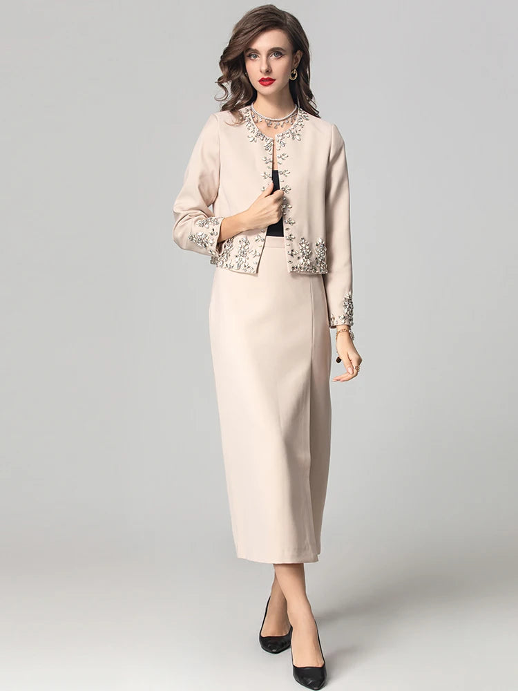 Seasixiang Women O-Neck Long Sleeves Diamonds Jacket+Split Long Pencil Skirt Office Lady Two Piece Set Fashion Autumn Female New