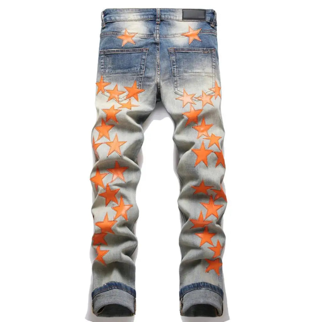 2023 Autumn New Fashion Men High Street Orange Star Embroidery Patch Jeans Men's Slim Fit Full Sky Star Denim Pants Jeans