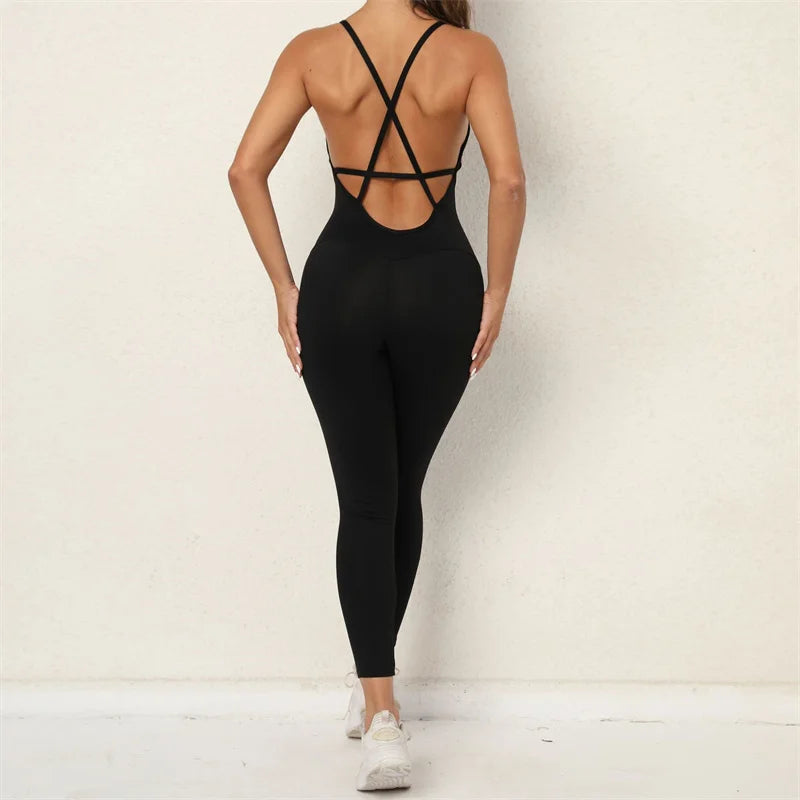 SVEIC Backless Sports Jumpsuit Yoga Pants Set Fitness One Piece Nylon Soft Bodysuit Workout Clothing Gym Activewear Tights Women