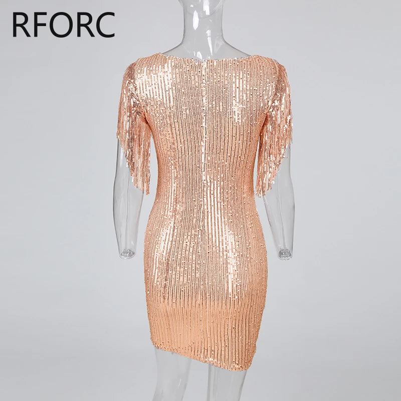 2023 Women Chic Sequins V Neck Tassels Mini Bodycon Party Dress