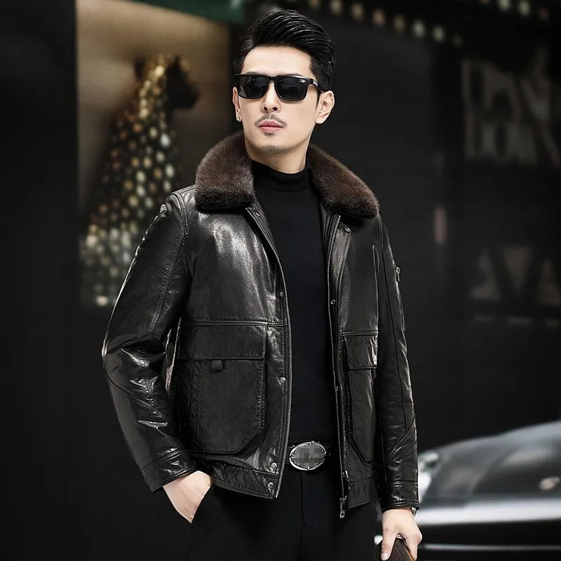 Winter Men Cowhide Genuine Leather Down Jacket Faux Mink Fur Collar Slim Fit Thick Warm Coat Moto Biker White Duck Down Overcoat