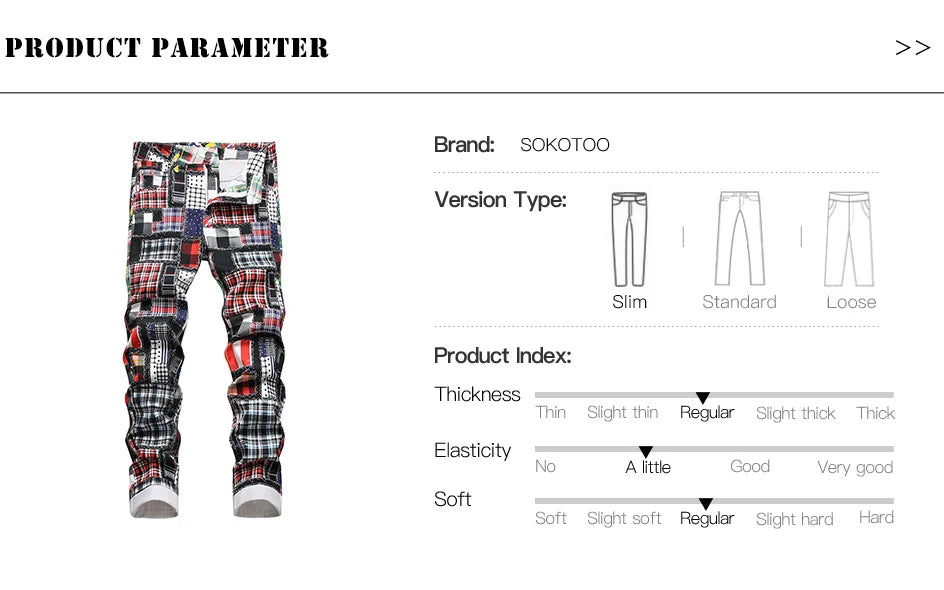 Men Plaid Digital Print Jeans Fashion Patches Patchwork Stretch Denim Pants Slim Straight Trousers