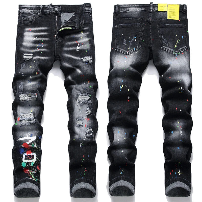 Men Black Ripped Denim Jeans Holes Jeans Italian High Street Style Denim Pants High Quality Male Slim Fit Denim Trousers Size 38