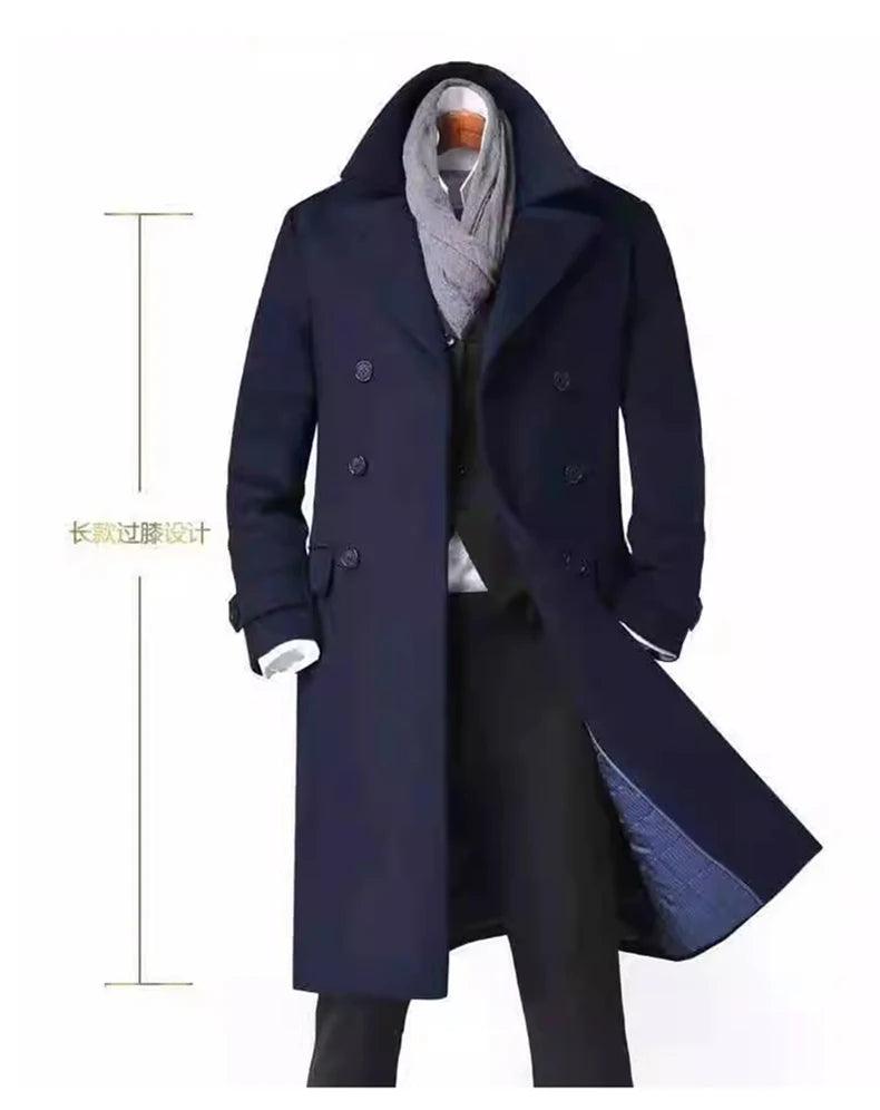 Mauroicardi Autumn Winter Long Warm Smart Casual Navy Blue Black Woolen Coat Men Double Breasted Luxury Wool Blends Overcoat