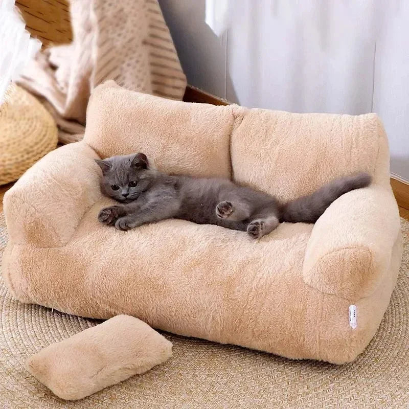 Pet Couch Bed with Pillow, Cat Sofa with Washable Cover, Calming Dog Bed with Non-Slip Bottom, Fluffy Cat Couch, Pet Furniture