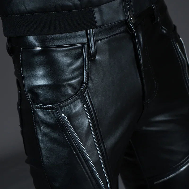 New Winter Mens Skinny Biker Leather Pants Fashion Faux Leather Motorcycle Trousers for Male Stage Club Wear