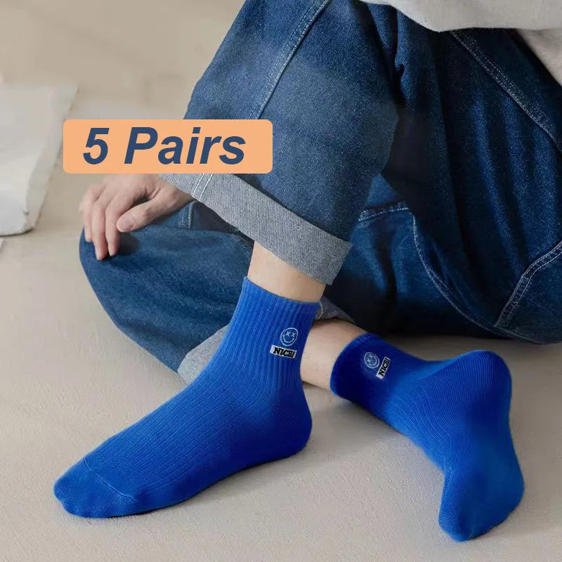 5Pairs Men Summer Thin Smiling Face Medium Tube Socks Tend Letters Sweat Absorption Deodorization Sports Basketball Cotton Socks