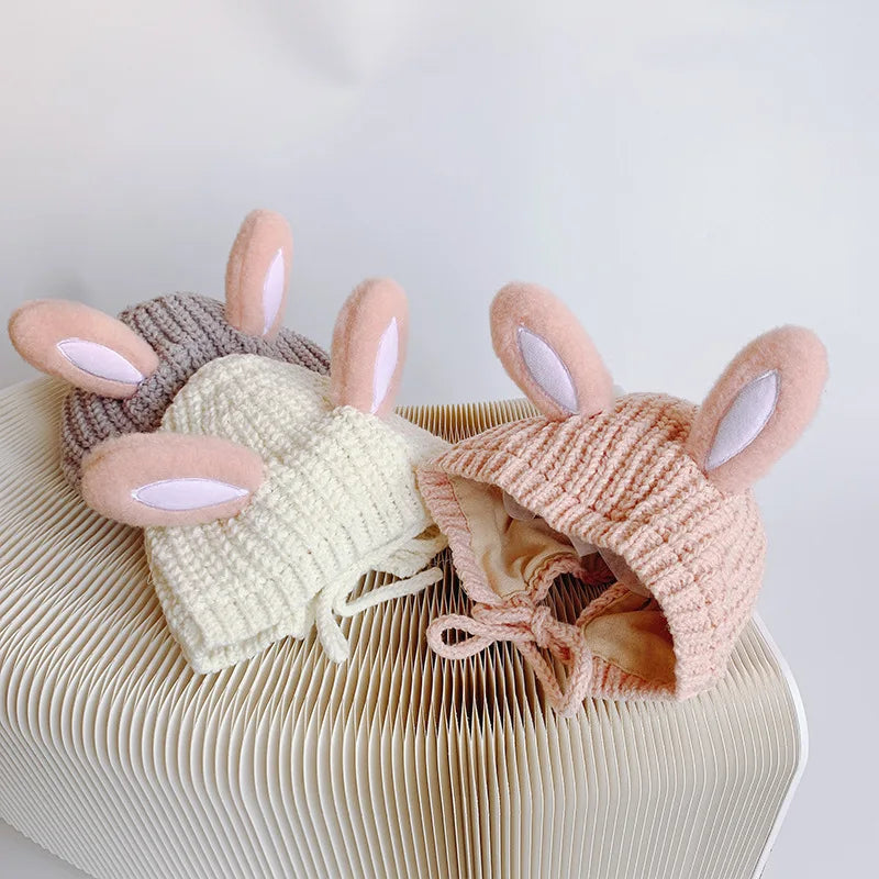 2024 Autumn Winter Newborn Girl Hat Bear Rabbit Ears Knitted Infant Girl Caps Multiple Color Available Lace-up Baby Girl Hats