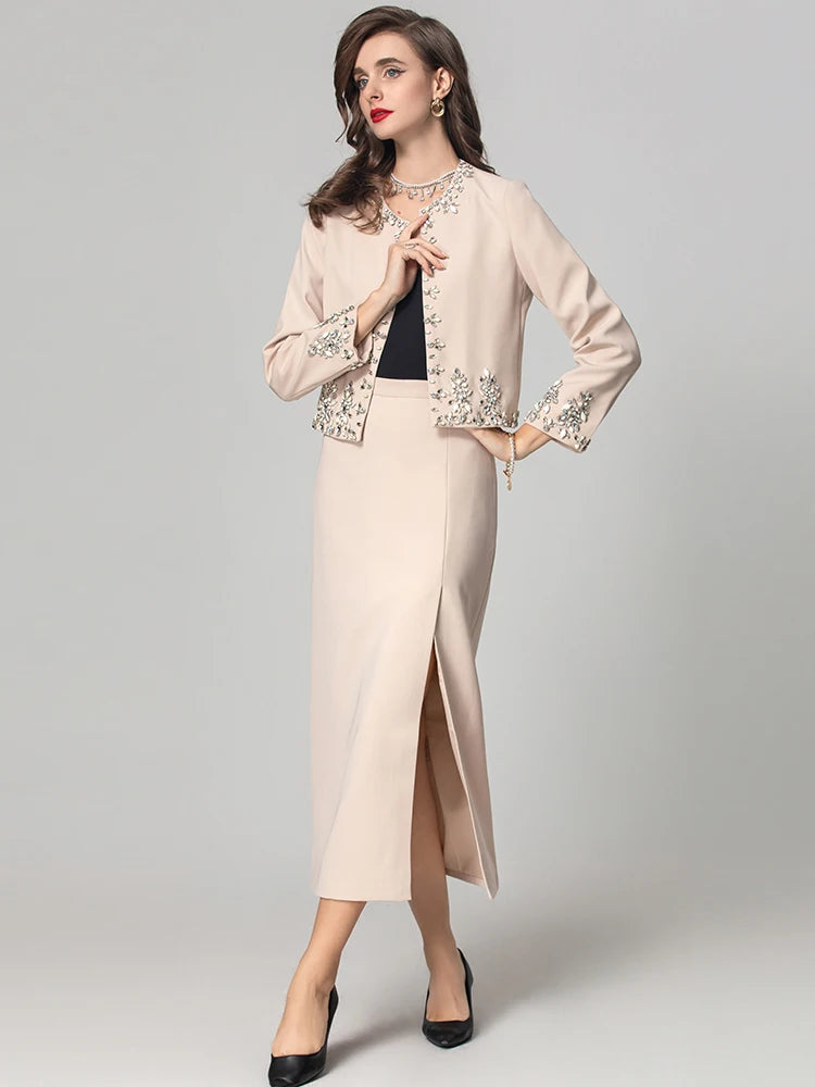 Seasixiang Women O-Neck Long Sleeves Diamonds Jacket+Split Long Pencil Skirt Office Lady Two Piece Set Fashion Autumn Female New