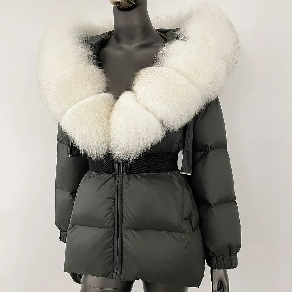 CXFS 2024 Winter Jacket Women Real Natural Fox Fur Collar Hooded Thick Warm 90% White Duck Down Coat Female Streetwear Casual