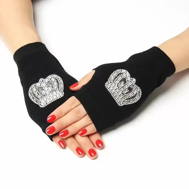 1 Pair Rhinestone Fingerless Gloves CUte Cartoon Animals Pattern Women Men Black Knitted Half Finger Gothic Warm Winter Mittens