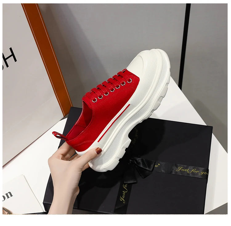 2024 Spring New Women'shoes Lace Up Sports and Leisure  Men's Shoes Thick Bottom Waterproof Platform Soft  Elevated Canvas Flat