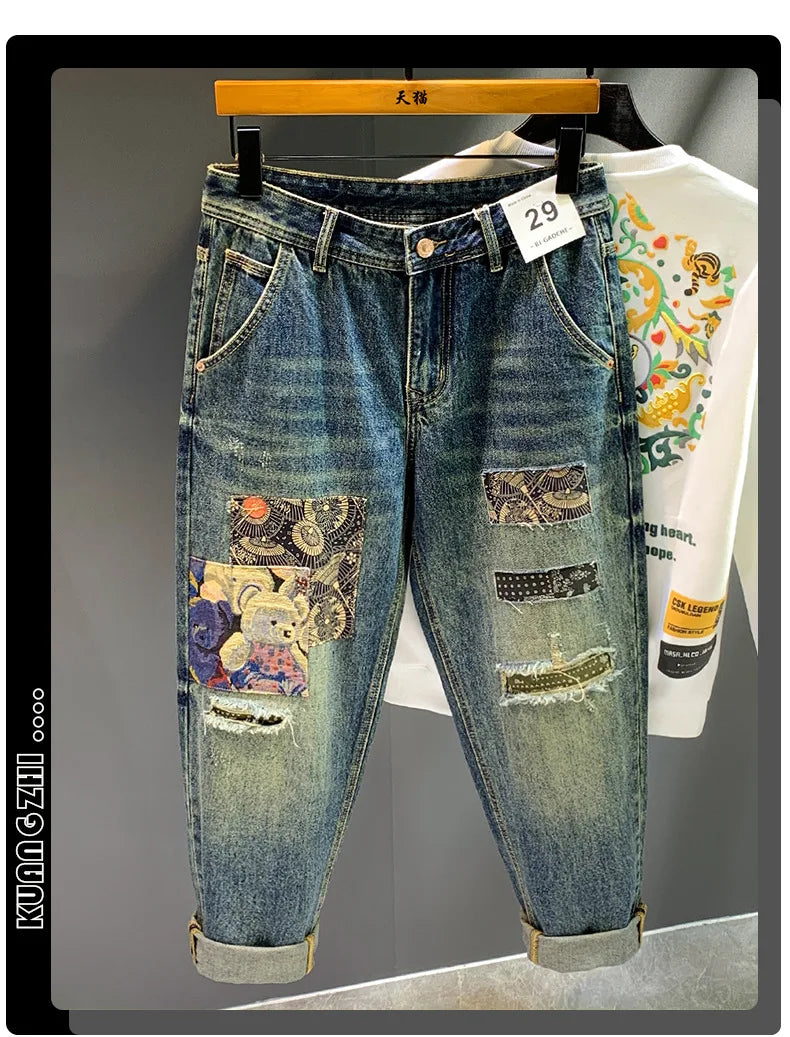 High Street Trendy Brand Retro Distressed Loose Harlan Jeans Men'S Spring And Autumn New Personalized Trendy Patch Long Pants Me