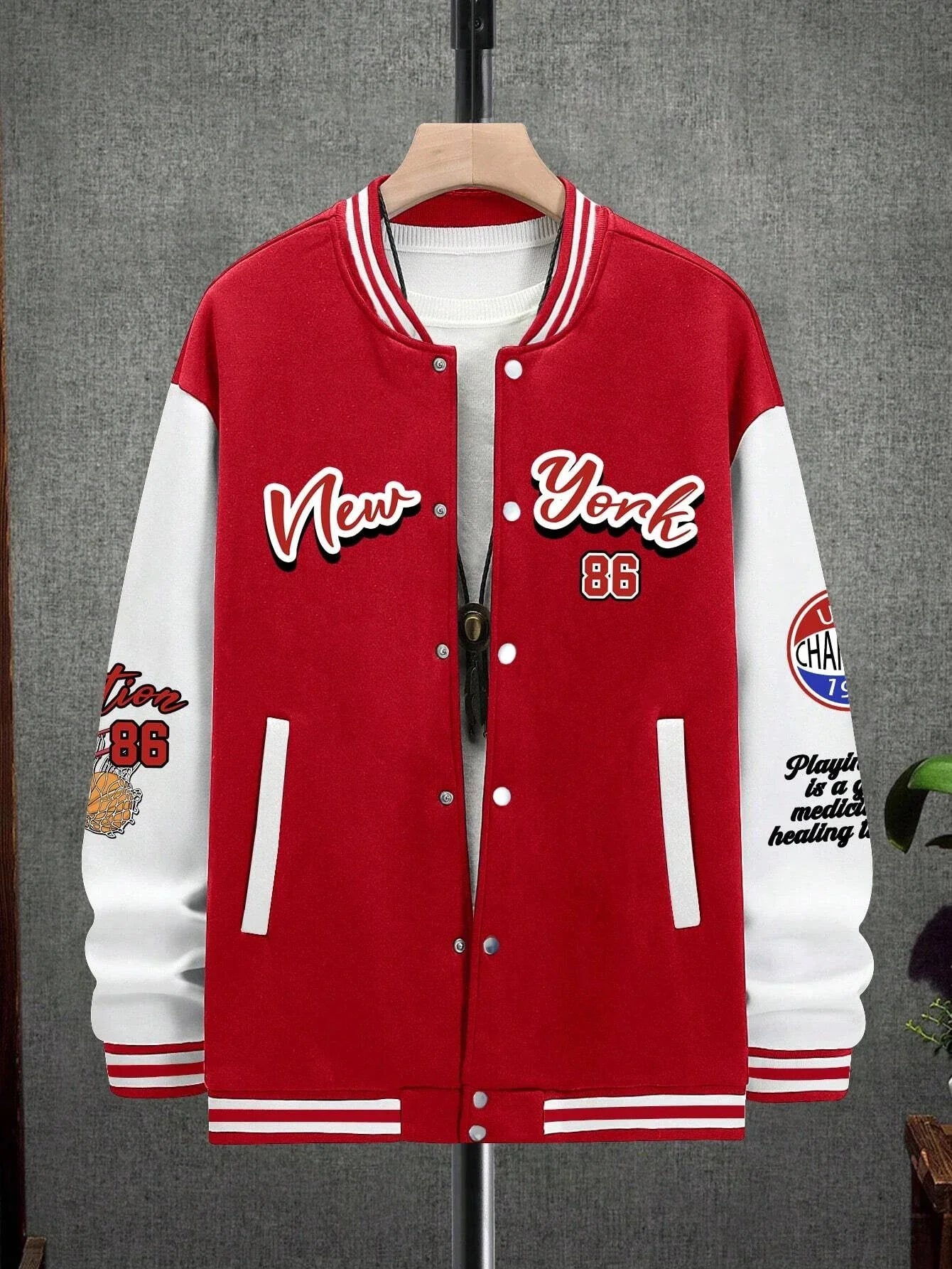 Manfinity EMRG Oversized Men's Drop Shoulder Varsity Jacket with Letter Graphic Striped Trim and Colorblock Design