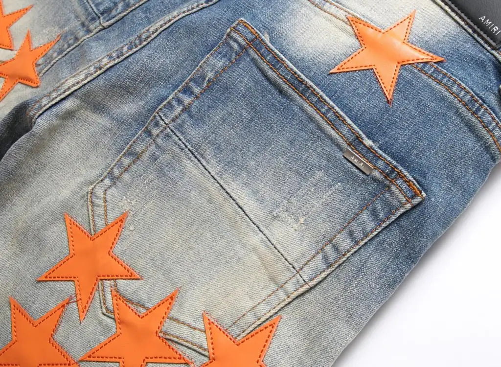 2023 Autumn New Fashion Men High Street Orange Star Embroidery Patch Jeans Men's Slim Fit Full Sky Star Denim Pants Jeans