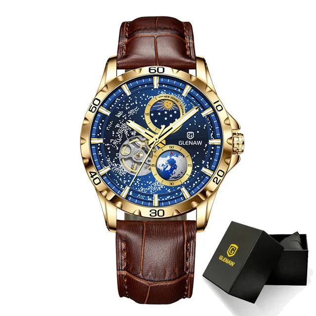 GLENAW Rotating Earth Double Second Hand WristWatch Men Automatic Mechanical Watch Starry Sky Stainless Steel Leather Watchband